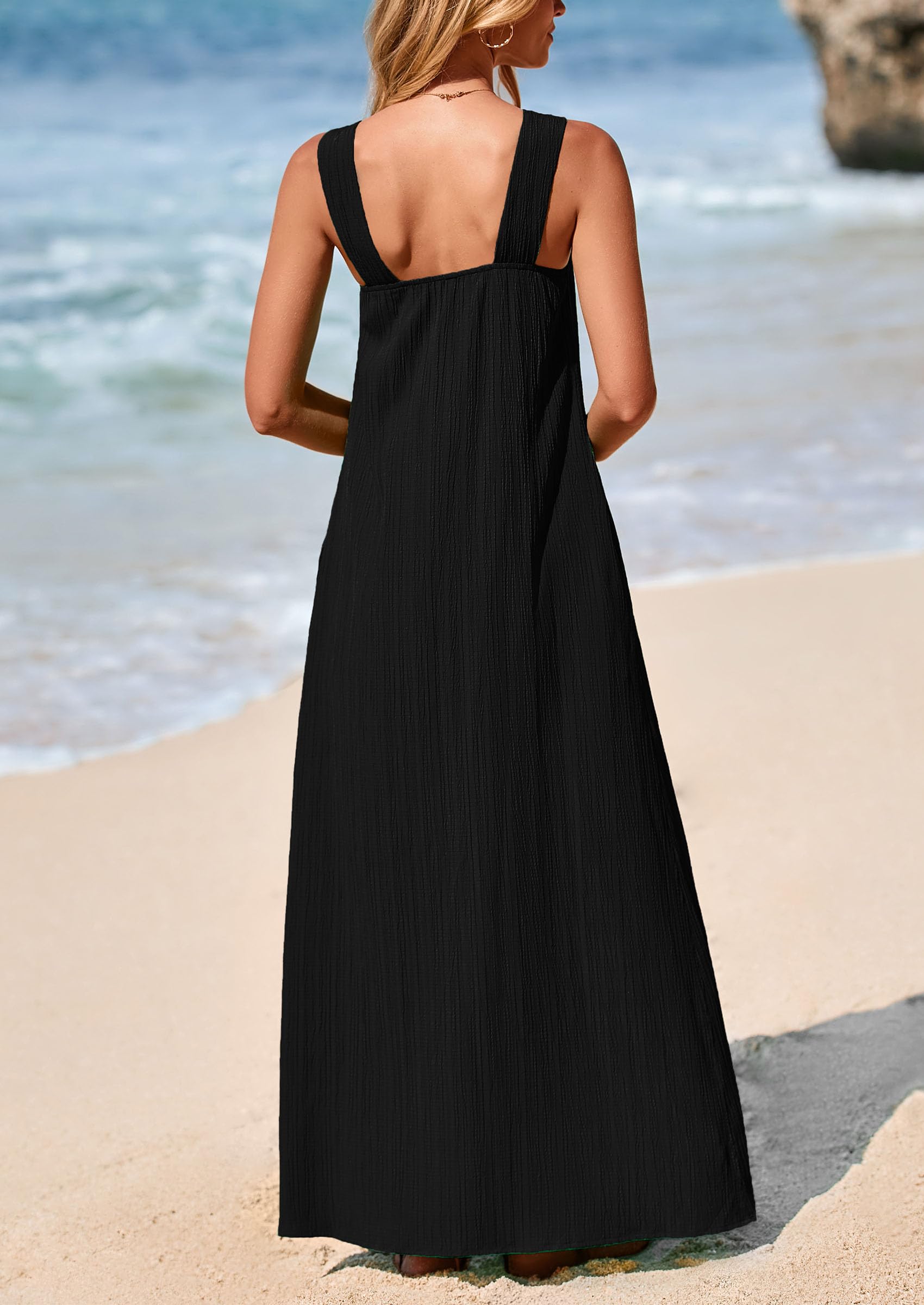 PRETTYGARDEN Womens 2025 Casual Long Summer Dresses Sleeveless Strappy Loose Flowy Beach Vacation Maxi Dress with Pockets (Black,Medium)