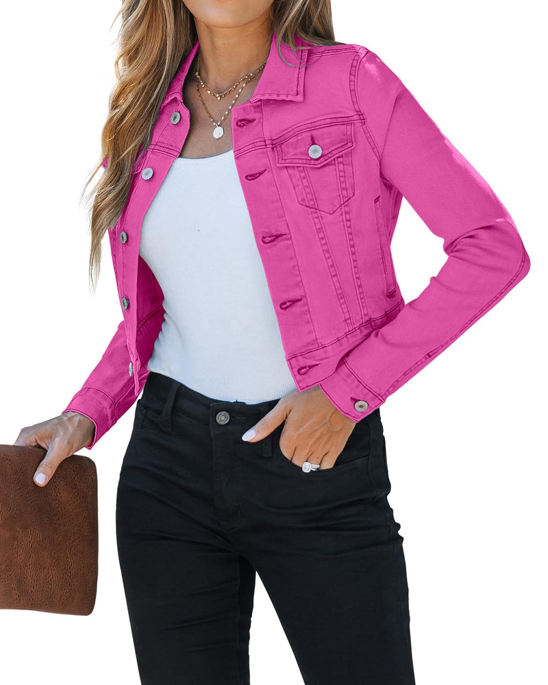 luvamia Womens Fashion Long Sleeve Button Down Stretchy Jean Jacket Women Denim Jacket Pink Denim Jacket Lightweight Jacket Women Women Jacket Hot Pink Size Medium Fits Size 8 / Size 10