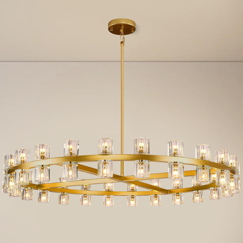 K9 Crystal 48-Light Round Chandelier, 48" Gold Chandeliers for Living Room, Modern Farmhouse Wagon Wheel Chandeliers For Dining Room,Entryway,Foyer,Includes G4 Bulbs Arcachon Brass Chandelier