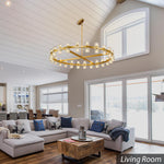 Load image into Gallery viewer, K9 Crystal 48-Light Round Chandelier, 48" Gold Chandeliers for Living Room, Modern Farmhouse Wagon Wheel Chandeliers For Dining Room,Entryway,Foyer,Includes G4 Bulbs Arcachon Brass Chandelier
