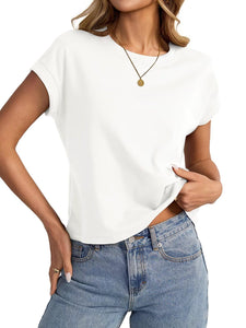 EasyGala Womens Cap Sleeve Crop Tops Cotton T Shirts Crewneck Loose Fit Short Sleeves Tee Summer Fashion Clothes 2025 A-White