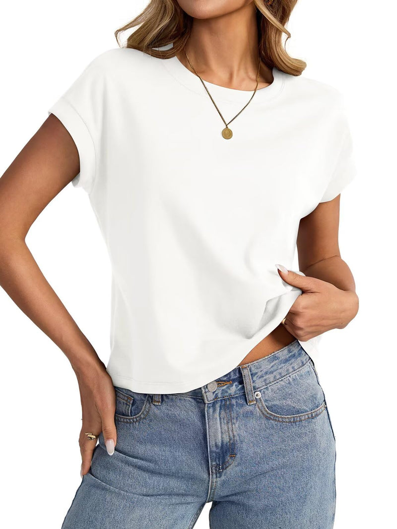 EasyGala Womens Cap Sleeve Crop Tops Cotton T Shirts Crewneck Loose Fit Short Sleeves Tee Summer Fashion Clothes 2025 A-White