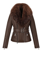 Load image into Gallery viewer, Bellivera Women's Faux Leather Short Jacket Moto Sherpa-Lined Belt Coat with Removable Fur Collar 9203 Brown S
