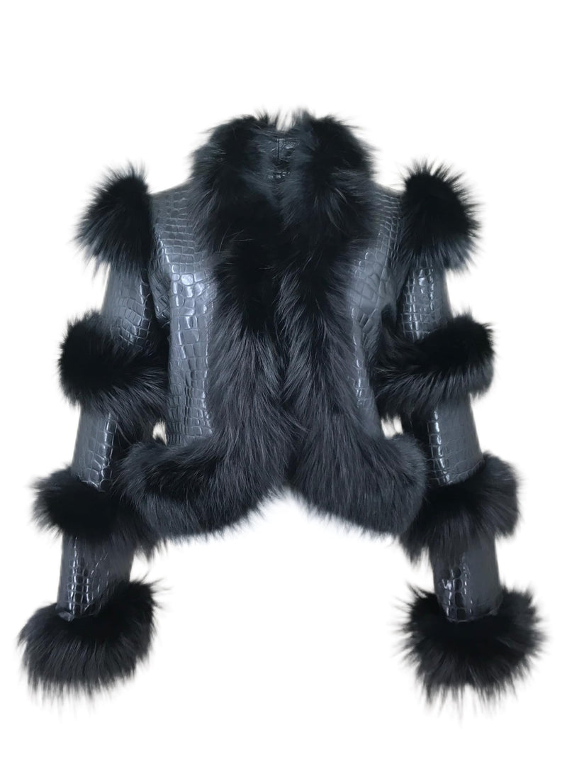 LVCOMEFF Women Sheep Leather Cropped Jacket Bolero Top Coat Motorcycle Jacket With Fox Fur Layer Long Sleeve Python Pattern (US, Alpha, X-Small, Regular, Regular, Black)