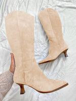 Load image into Gallery viewer, Coutgo Womens Wide Calf Knee High Boots Kitten Heel Pointed Toe Tall Boots Side Zipper Fall Winter Shoes, Nude, Size 6
