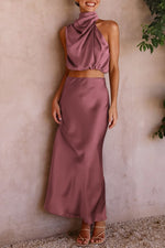 Load image into Gallery viewer, PRETTYGARDEN Women&#39;s 2 Piece Satin Outfits Summer Sleeveless Mock Neck Crop Tops and Long Skirt Dress Sets (Brick Red,Large)
