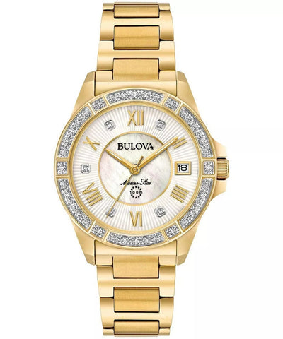 Bulova Ladies' Marine Star Diamond Gold Tone Stainless Steel 3-Hand Quartz Watch, White Mother-of-Pearl Dial and Sapphire Crystal Style: 98R235