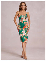 Load image into Gallery viewer, WDIRARA Women's Floral Print Cowl Neck Sleeveless Ruched Split Thigh Satin Cami Summer Dress Green Tropical S
