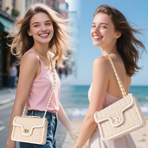 OWGSEE Straw Crossbody Bags for Women Summer Pearl Straw Clutch Purse Woven Shoulder Bag Vacation Handbags (Medium)