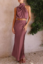 Load image into Gallery viewer, PRETTYGARDEN Women&#39;s 2 Piece Satin Outfits Summer Sleeveless Mock Neck Crop Tops and Long Skirt Dress Sets (Brick Red,Large)
