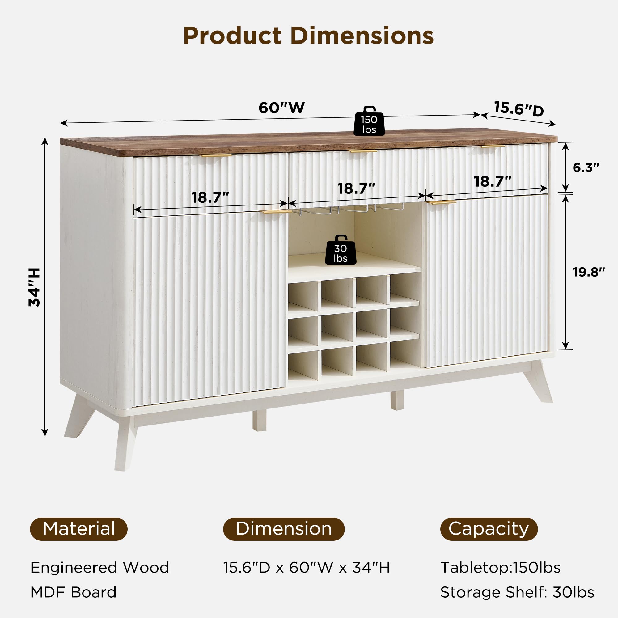 OKD Fluted Wine Bar Cabinet for Liquor, 60" Modern Coffee Bar Cabinet w/Wine & Glass Rack, Large Buffet Sideboard w/ 3 Storage Drawers & Adjustable Shelves for Home, Dining Room, Kitchen, Solid White