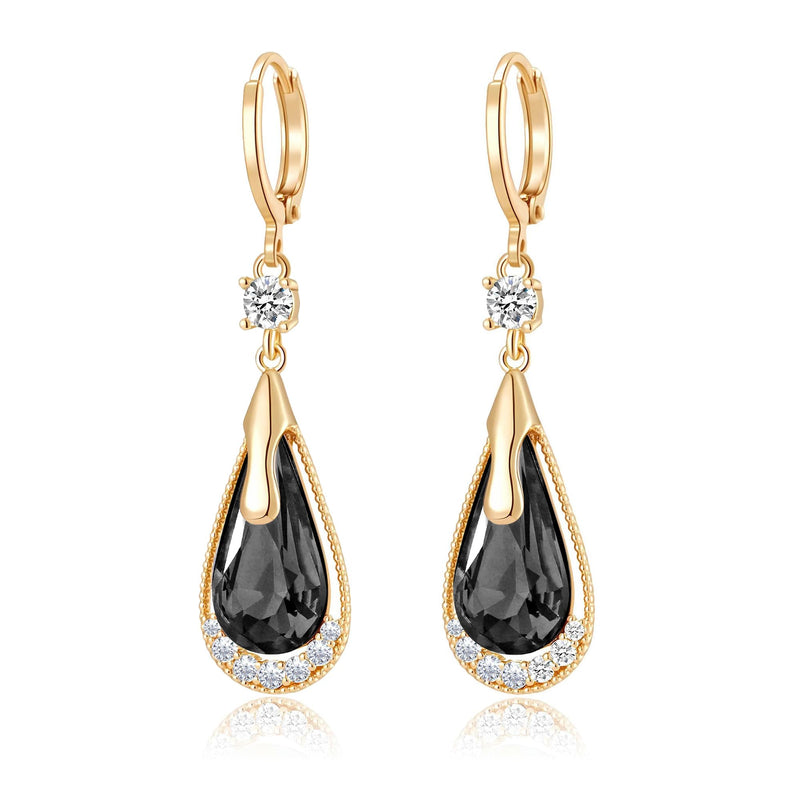 Trendy Austrian Crystal Teardrop Drop Huggie Dangle Earrings for Women 14k Rose Gold Plated Hypoallergenic Jewelry Gifts (Black)