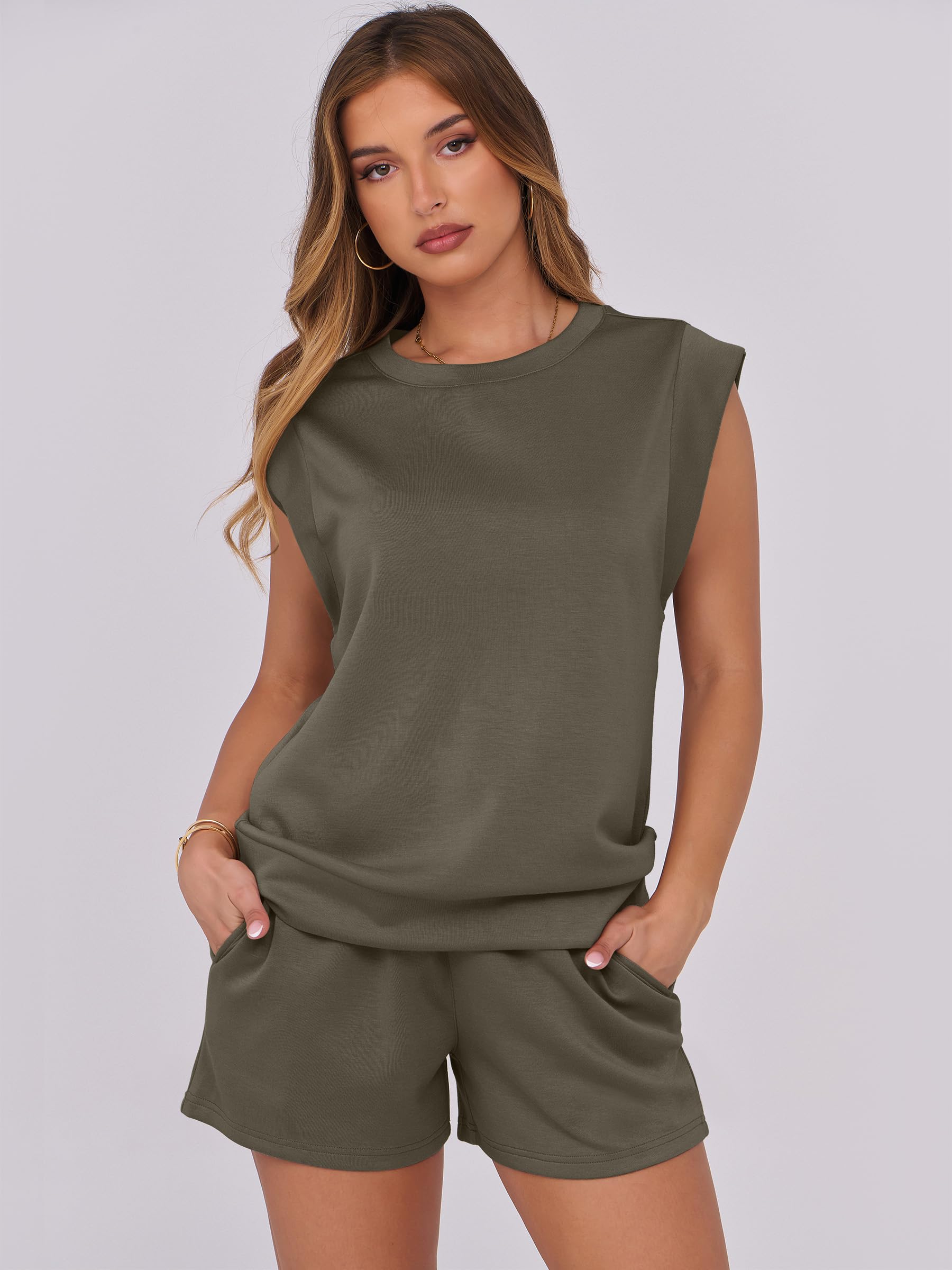 ANRABESS Two Piece Sets for Women 2025 Summer Short Lounge Set Casual Beach Vacation Outfits Spring Sweatsuits Tracksuit Army Green Medium
