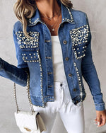 Load image into Gallery viewer, LifeShe Women's Pearls Denim Jacket Cropped Rhinestones Jean Blazer Coat
