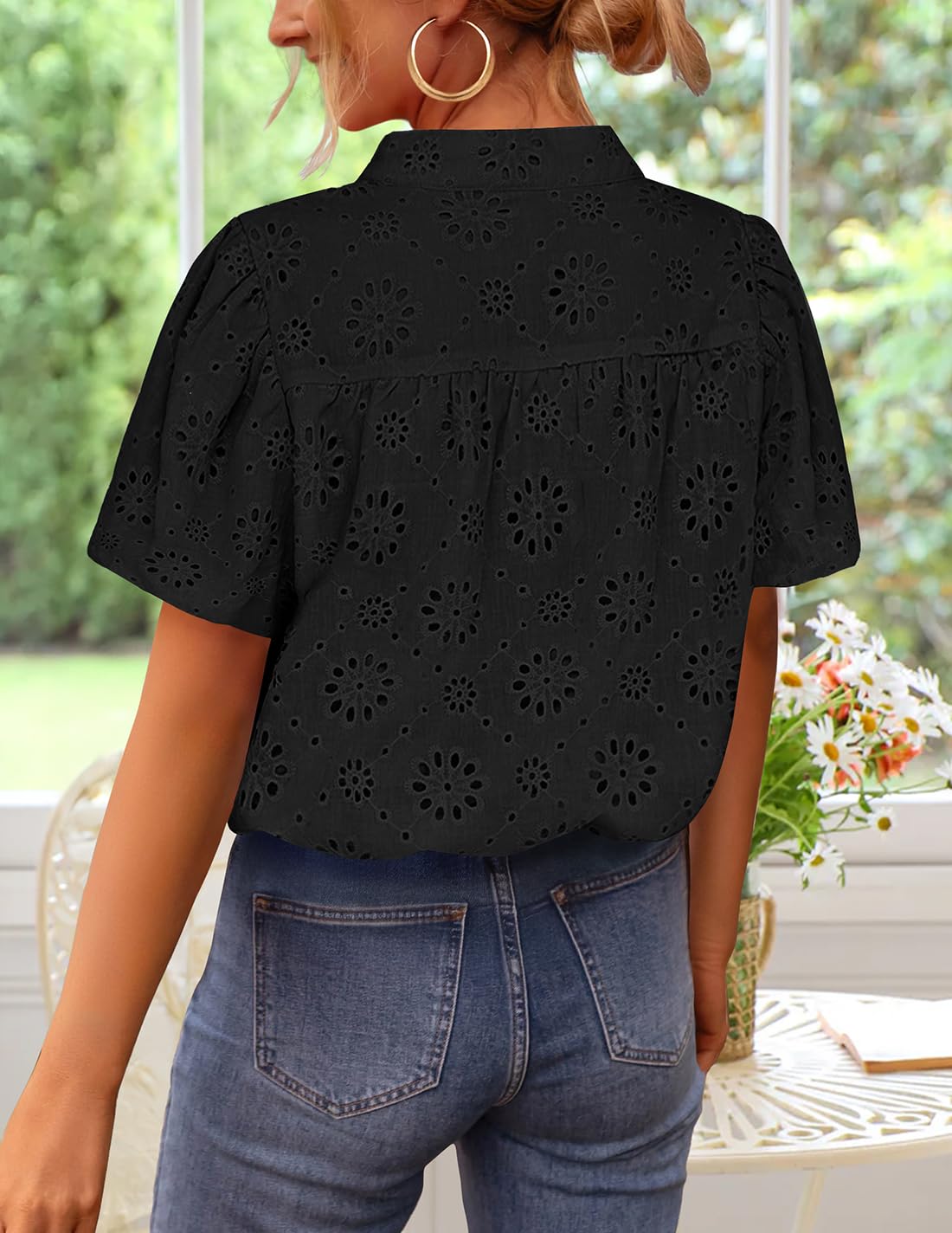 ZESICA Women's Summer Short Puff Sleeve Shirts 2025 V Neck Casual Hollow Out Lace Embroidered Blouse Tops,Black,Medium