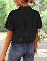 Load image into Gallery viewer, ZESICA Women&#39;s Summer Short Puff Sleeve Shirts 2025 V Neck Casual Hollow Out Lace Embroidered Blouse Tops,Black,Medium
