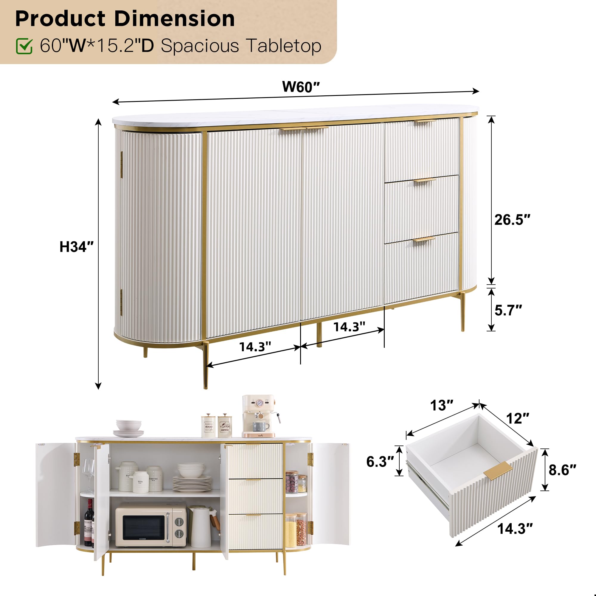 T4TREAM Fluted Sideboard Buffet Cabinet, Modern 60" Buffet Table Coffee Bar Wine Bar Storage Console Cabinet, Accent Table for Dining Room, Living Room, Hallway (Off White)