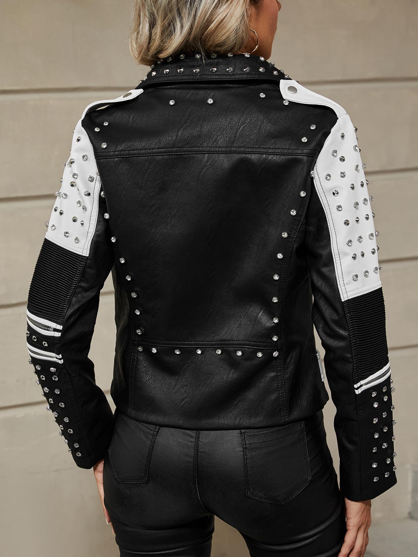 Bellivera Women Faux Leather Jacket Studded Rivet Floral Moto Biker Coat 0376A Blackwhite M