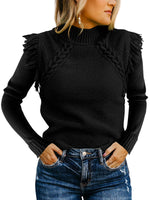 Load image into Gallery viewer, Saodimallsu Womens Cable Knit Sweaters Mock Neck Fringe Fitted Long Sleeve Boho Trendy Pullover Tops Black
