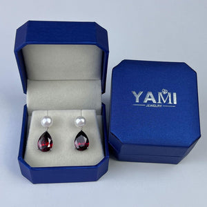YAMI Pearl Earrings for Women, 925 Sterling Silver Birthstone Teardrop Stud Dangle Earrings, Created Garnet Pear Shaped Zircon Drop Earrings, 8-8.5MM Freshwater Cultured Pearl Jewelry