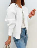Load image into Gallery viewer, ZESICA Women's Open Front Cardigan Sweater 2025 Fall Casual Knitted Long Sleeve Pearls Trim Outerwear Coat Trendy Clothes White Large
