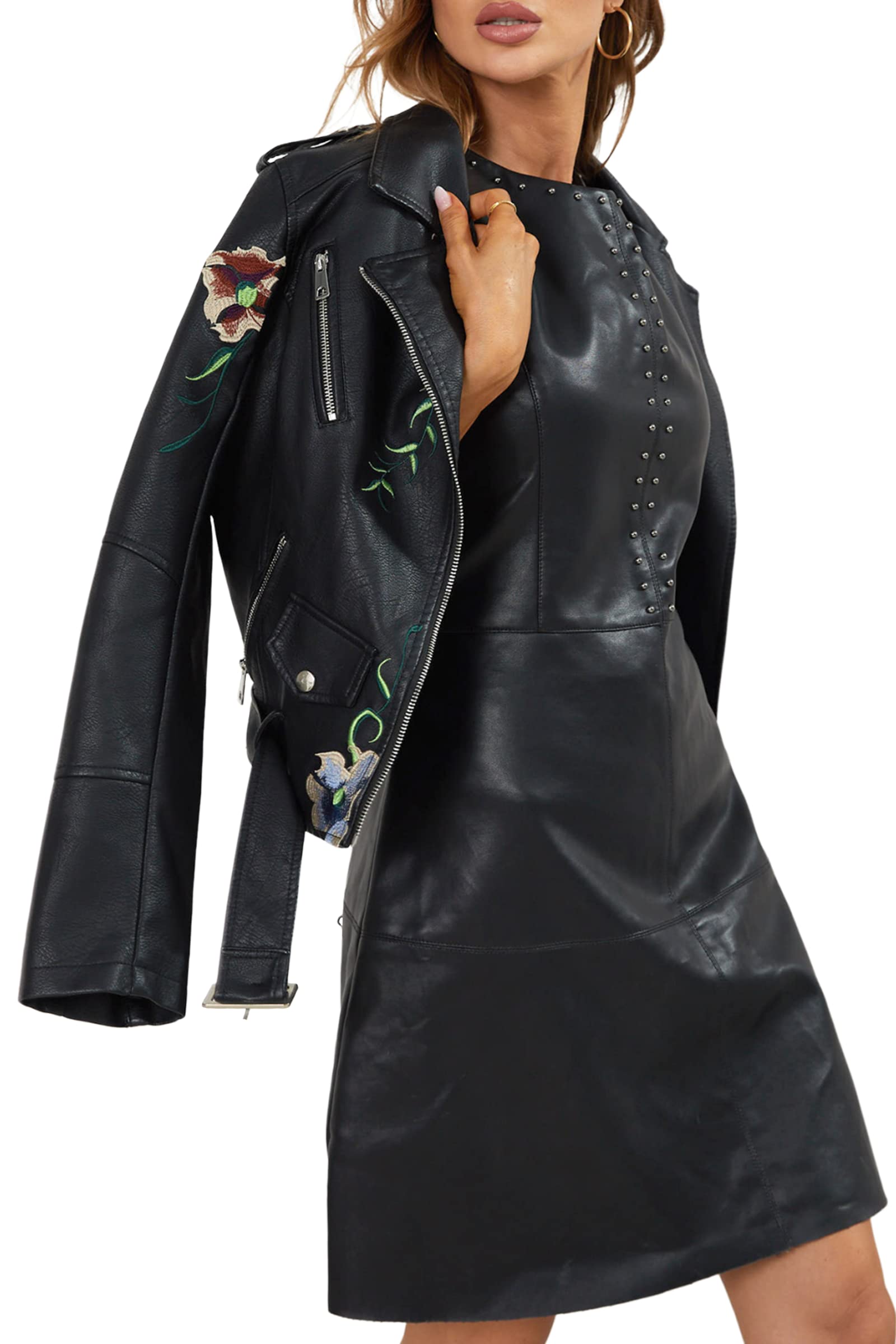 Bellivera Spring Faux Leather Jacket For Women Womens Long Sleeves Winter Faux Leather Embroidery Floral Zipper Jacket,Black1702020,Medium