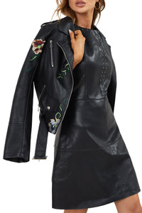 Bellivera Spring Faux Leather Jacket For Women Womens Long Sleeves Winter Faux Leather Embroidery Floral Zipper Jacket,Black1702020,Medium