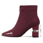Load image into Gallery viewer, XINIUNIU Ankle Boots for Women Burgundy Booties Block Chunky Heeled Metal Square Toe Suede Front Zipper 3 Inch Dressy Short Boot Size 7.5
