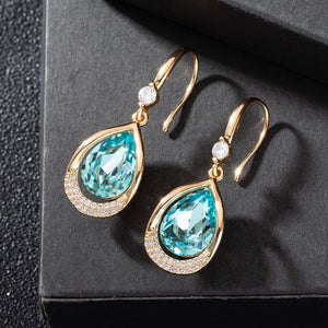 Austrian Crystal Halo Teardrop Hollow Drop Dangle Earrings for Women 14K Rose Gold Plated Hypoallergenic Jewelry (Aquamarine)