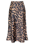 Load image into Gallery viewer, Women&#39;s Side Slit A Line Satin Midi Skirt Elastic High Waisted Cheetah Leopard Print Silk Long Skirts for Women
