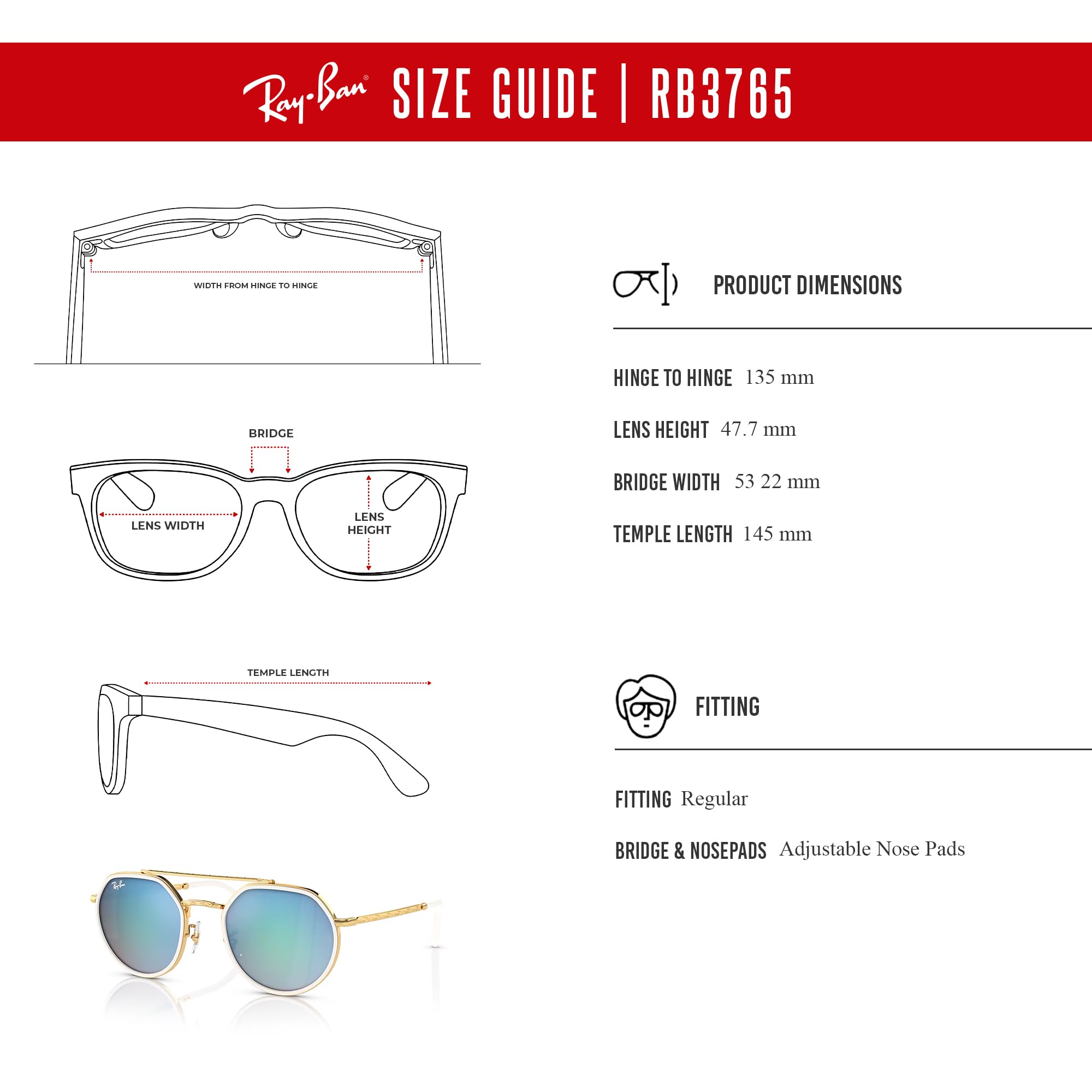 Ray-Ban RB3765 001/4O 53MM Gold/Crystal Lens Blue Gradient Mirror Rounded Hexagonal Sunglasses for Men for Women +BUNDLE with ACCESSORY EYEWEAR KIT