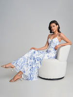 Load image into Gallery viewer, URYIAO Summer Floral Wedding Guest Maxi Dresses for Women Formal Ruffle Bodycon V Neck Cocktail Long Dress S Bluefloral
