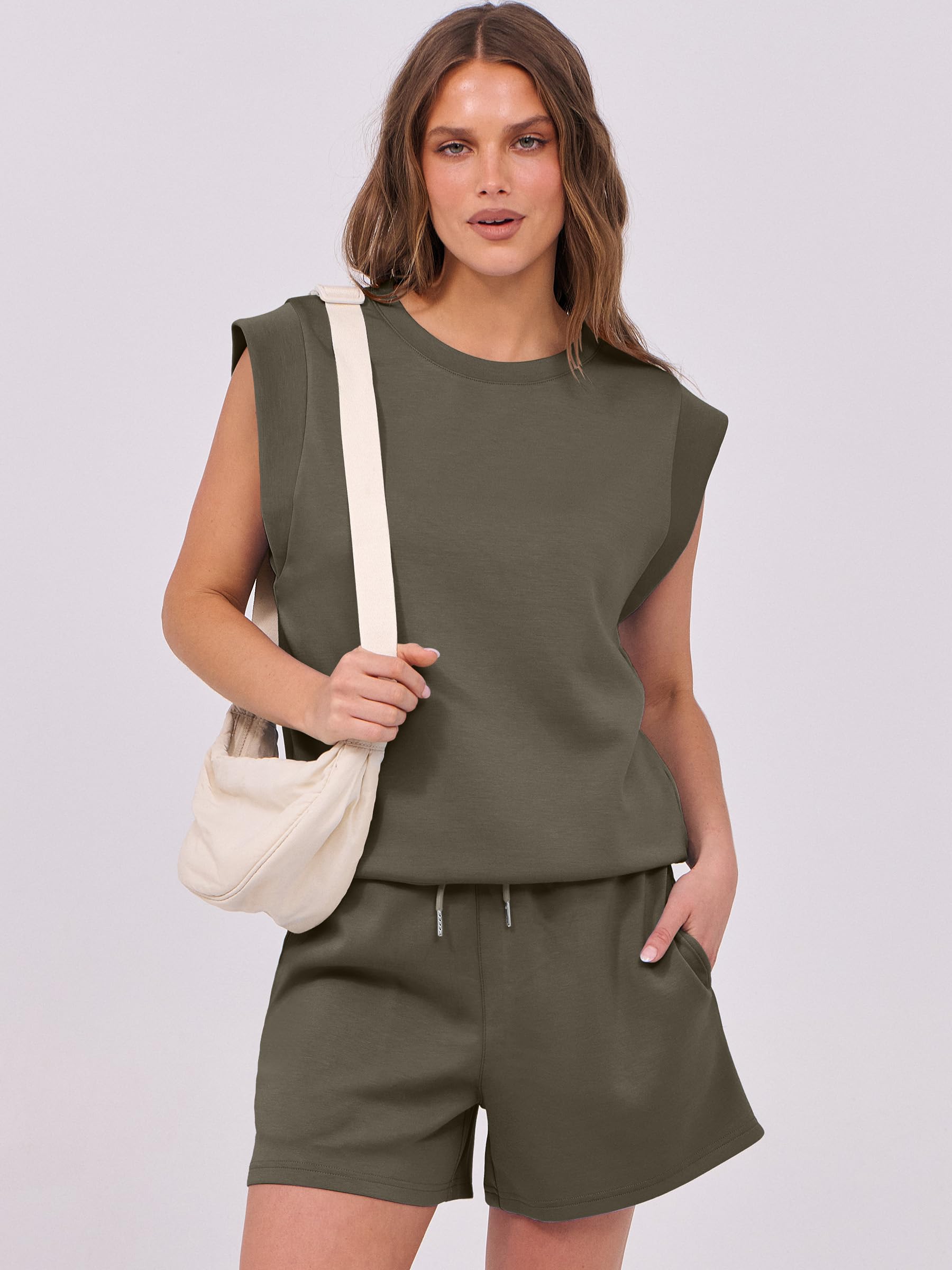 ANRABESS Two Piece Sets for Women 2025 Summer Short Lounge Set Casual Beach Vacation Outfits Spring Sweatsuits Tracksuit Army Green Medium