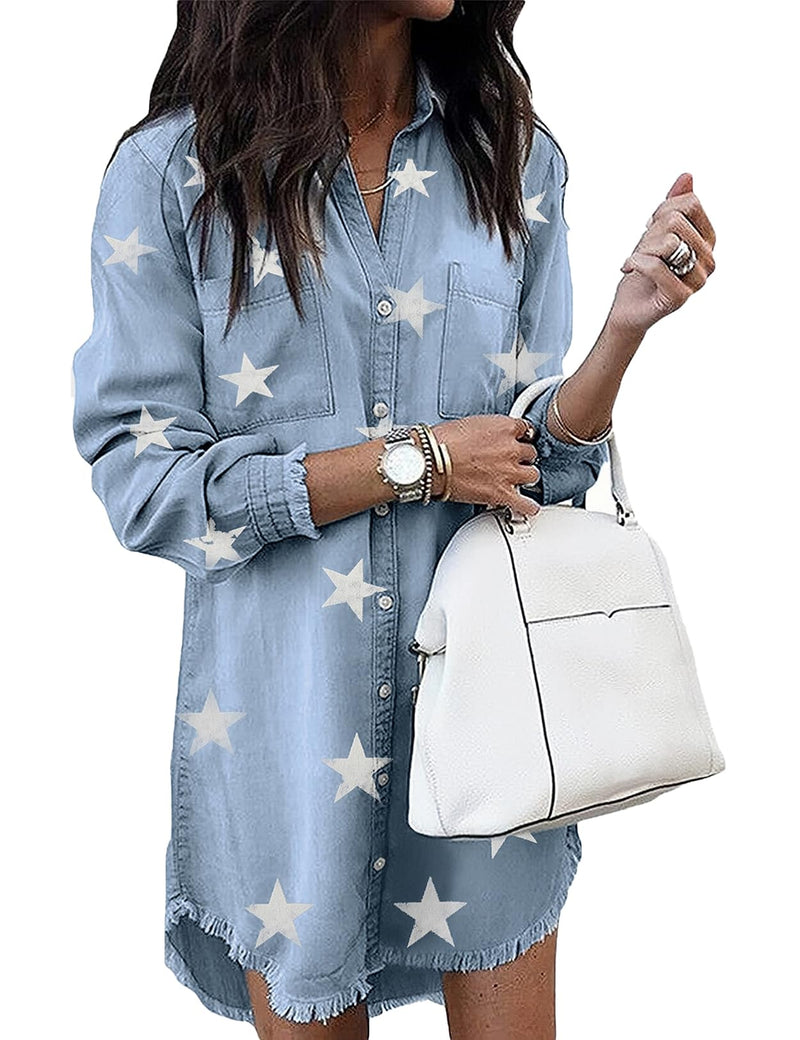 Zilcremo Women Denim Shirt Dresses Long Sleeve Distressed Jean Dress Button Down Casual Tunic Top Bluestar S