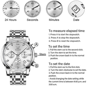 OLEVS Large Face Watches for Men Silver Bezel Diamond Chronograph Watches Stainless Steel Strap Luxury Men Three Hand Watch Waterproof Auto Calendar Easy Read Analog Men's Quartz Watch Reloj De Hombre