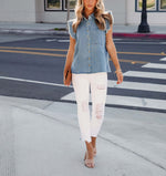Load image into Gallery viewer, Women&#39;s Denim Top Casual Distressed Button Down Cap Sleeve Ruffle Blouses Summer Sleeveless Collared Jean Shirt
