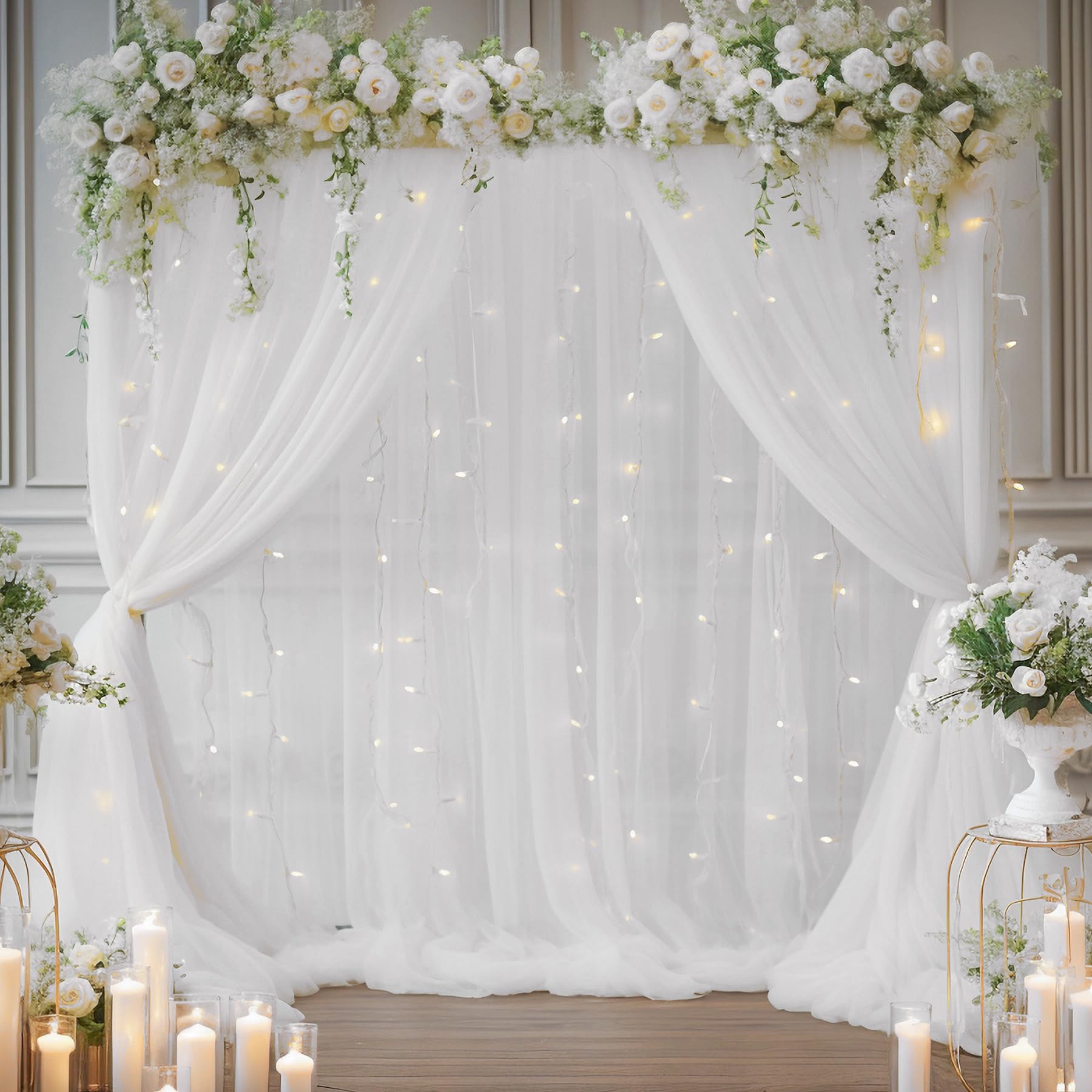 10×8ft White Tulle Curtain Backdrop with Lights String for Parites, Sheer Backdrop Curtain Drapes for Wedding Photo Baby Shower Photography Birthday Party