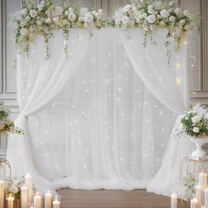 10×8ft White Tulle Curtain Backdrop with Lights String for Parites, Sheer Backdrop Curtain Drapes for Wedding Photo Baby Shower Photography Birthday Party