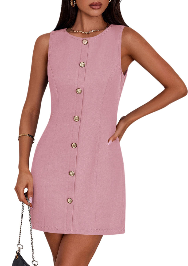 PRETTYGARDEN Work Dresses for Women 2025 Summer Business Formal Short Dress Sleeveless Button Down Elegant Office Outfits (Pink,Small)