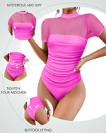 Load image into Gallery viewer, Kentysill Women&#39;s Mesh Sexy Mock TurtleNeck Bodysuits Short Sleeve Shirt Ruched Sheer Body suit Summer Trendy Going Out Tops Hot Pink L

