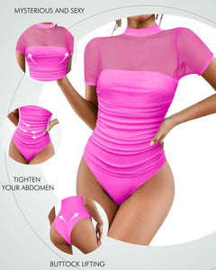 Kentysill Women's Mesh Sexy Mock TurtleNeck Bodysuits Short Sleeve Shirt Ruched Sheer Body suit Summer Trendy Going Out Tops Hot Pink L