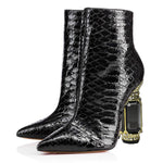 Load image into Gallery viewer, FSJ Women Chic Pointed Toe Crystal Chunky Block High Heel Ankle Boots Glossy Side Zipper Casual Daily Fashion Ladies Shoes Size 7 Black Python Print

