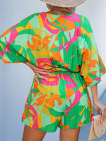 Load image into Gallery viewer, CUPSHE Women's Summer Romper V Neck Pattern Half Dolman Sleeves Belted Casual Wide Leg Mini Jumpsuits Vacation Outfit Lime Green, M
