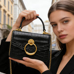 Load image into Gallery viewer, FEIMINA Croc Embossed Top Handle Handbag for Women Leather Mini Crossbody Purse with Gold Chain Strap Ring Closure Evening Bag for Ladies Girls (7.3" L x 5.5" H, Black)
