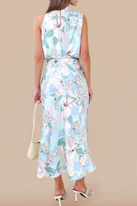 PRETTYGARDEN Women's 2025 Summer Satin Dress Elegant Sleeveless Mock Neck Cocktail Party Maxi Dresses (Print Blue,Medium)