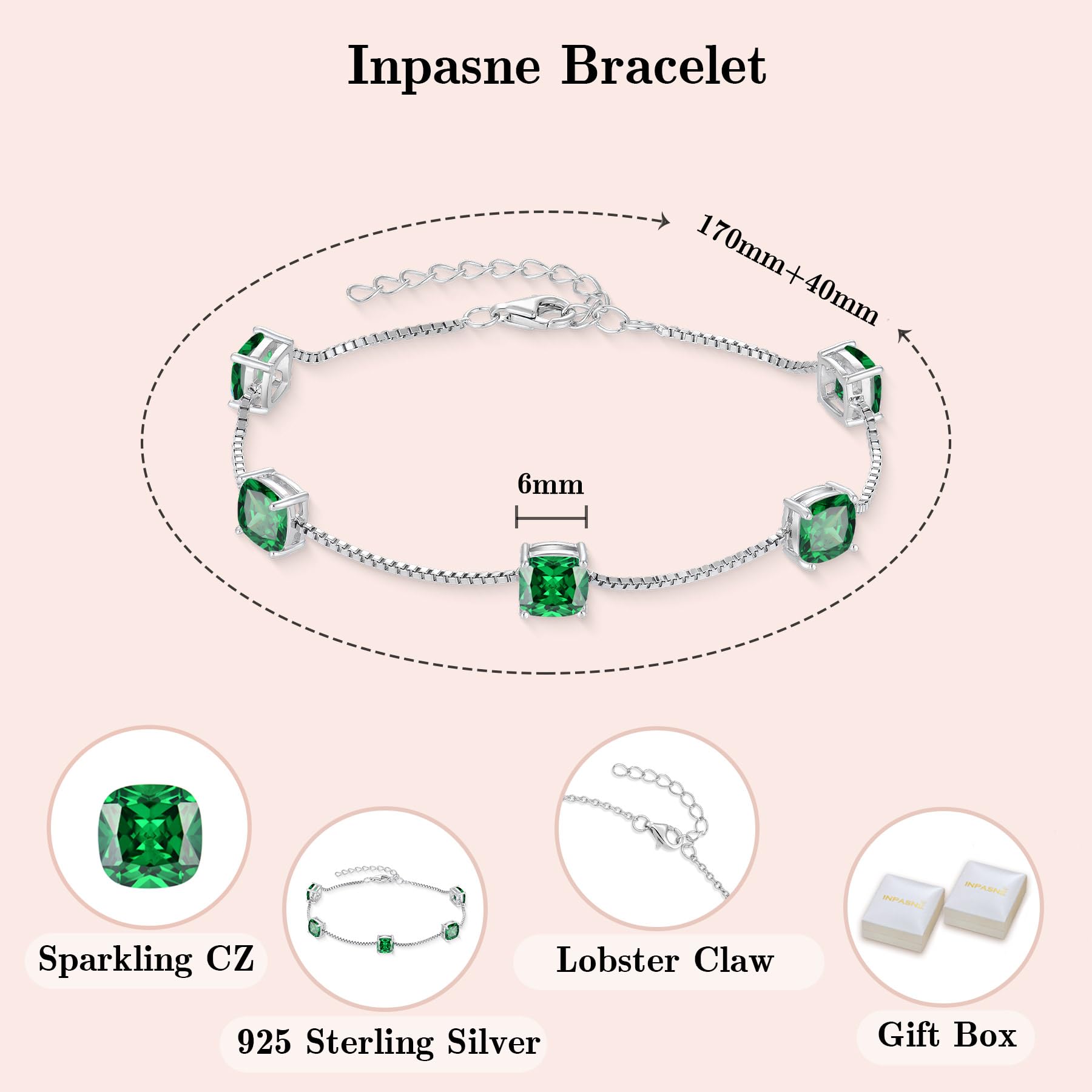 Inpasne Emerald Bracelet for Women 925 Sterling Silver Princess Cut Link Bracelet May Birthstone Jewelry Gifts for Her
