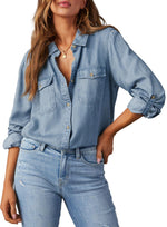 Load image into Gallery viewer, Astylish Womens Denim Tops Chambray Jean Shirts V Neck Business Casual Long Sleeve Button Down Blouse Dusk Blue Large
