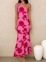Load image into Gallery viewer, Caracilia Womens Floral One Shoulder Formal Dress Summer Elegant Bodycon Mesh Wedding Guest Cocktail Party Long Maxi Dresses Hot Pink Medium
