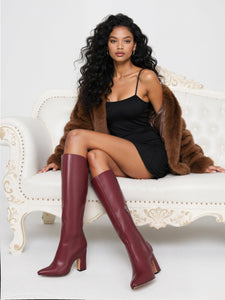 Women's Knee High Boots, Comfortable Square Toe Faux Leather Boot Fashion Long Tall Boots for Riding Wide Calf Chunky High Heeled Dress/Casual Boot, Burgundy Size 9
