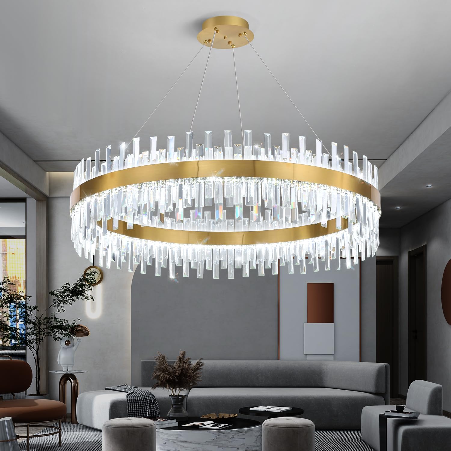 HAIXIANG Glam Crystal Chandelier 40 Inch Ring Chandeliers with Remote Dimmable LED Light Adjustable Hanging Lights Luxury Ceiling Pendant Lighting Fixtures for Living Dining Bedroom Foyer Gold Light